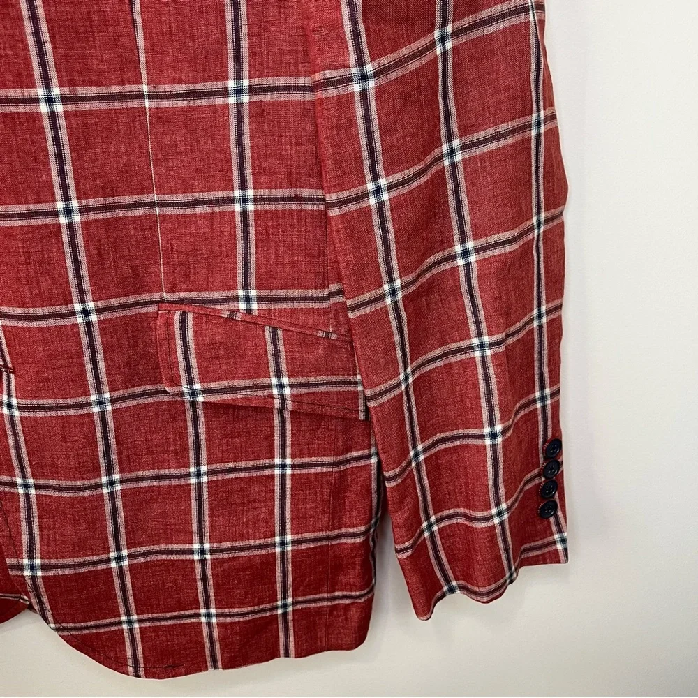 Ted Baker Endurance Linen Windowpane Check Plaid Linen Blazer Red Size 40R - Picture 10 of 13